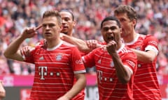 Joshua Kimmich celebrates with Leroy Sané, Thomas Müller and Serge Gnabry after scoring Bayern Munich’s second goal against Schalke