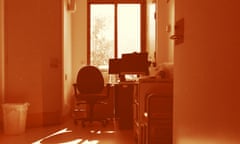 Orange and grain overlay on top of picture of Empty chair in hospital room