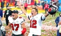 Tom Brady and Rob Gronkowski (87) celebrate after beating the Kansas City Chiefs in Super Bowl LV