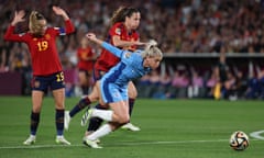 England's Alessia Russo is challenged by Laia Codina of Spain in the World Cup final.