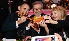 Mark Rylance, Steven Spielberg, Kate Capshaw<br>Mark Rylance, winner of the award for best actor in a supporting role for Bridge of Spies, from left, Steven Spielberg and  Kate Capshaw attend the Governors Ball after the Oscars on Sunday, Feb. 28, 2016, at the Dolby Theatre in Los Angeles. (Photo by Al Powers/Invision/AP)
