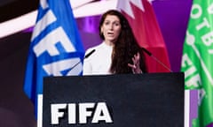 Lise Klaveness addresses the 72nd Fifa congress in Doha