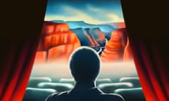 Illustration of a man in a cinema seat, between red curtains, looking at mountains on a screen