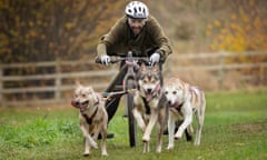 G2 - Guardian writer Rhik Samadder tries dog sledding in Tewkesbury with professional dog sled racer Vickie Pullin. Rhik being pulled by Siberian huskies Rocco, River, and Axel. 23/11/2021 - Photograph by Sam Frost ©2021 - www.samfrostphotos.com