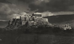 Dramatic black-and-white image of the Acropolis at twilight c1907