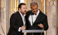 Ricky Gervais and Mel Gibson at the 73rd annual Golden Globe awards at the Beverly Hilton Hotel in California.