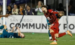 Dariusz Formella of Phoenix Rising FC celebrates after making the winning goal against San Diego Loyal SC during a USL soccer match on Sunday, Oct. 22, 2023 in San Diego. (K.C. Alfred /The San Diego Union-Tribune via AP)