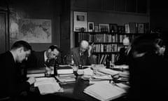 Geoffrey Faber, centre, and TS Eliot, left, at a Faber & Faber directors meeting in 1944 to discuss how best to use the paper ration.