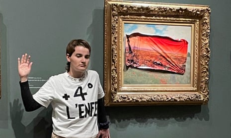 Activist defaces Monet painting to draw attention to global heating – video