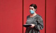 Greens Senator Sarah Hanson-Young with a mask in the Senate chamber at Parliament House in Canberra, Monday, August 24, 2020. Some MPs, unable to travel to Canberra for health reasons or COVID-19 border restrictions will participate via video. It will be the first time MPs have been able to contribute remotely like this during a sitting week. (AAP Image/Mick Tsikas) NO ARCHIVING