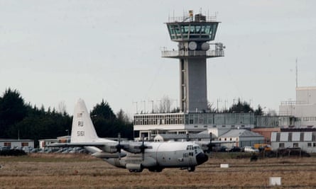 A US Hercules Transporter military aircraft parked at Shannon airport.
