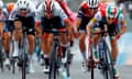 Elia Viviani, right, was first across the line but Fernando Gaviria was awarded the stage in Orbetello