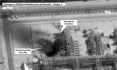 This image provided on Sunday, Sept. 15, 2019, by the U.S. government and DigitalGlobe and annotated by the source, shows damage to the infrastructure at at Saudi Aramco’s Kuirais oil field in Buqyaq, Saudi Arabia. The drone attack Saturday on Saudi Arabia’s Abqaiq plant and its Khurais oil field led to the interruption of an estimated 5.7 million barrels of the kingdom’s crude oil production per day, equivalent to more than 5% of the world’s daily supply. (U.S. government/Digital Globe via AP)