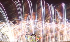 Fireworks explode during the closing ceremony<br>2016 Rio Olympics - Closing ceremony - Maracana - Rio de Janeiro, Brazil - 21/08/2016. The Olympics rings are seen as fireworks explode during the closing ceremony.  REUTERS/Ricardo Moraes