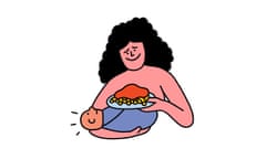 Illustration showing a new mother holding her baby and a bowl of pasta