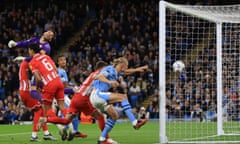 Omri Glazer (in purple) looks back after he punches the ball into his own net from Julian Alvarez’s free-kick