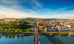 Bratislava’s old town, with Saint Martin’s cathedral, castle hill and the Danube river. 