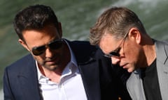 ITALY-CINEMA-VENICE-FILM-FESTIVAL-MOSTRA<br>US actor Ben Affleck and US actor Matt Damon arrive by vaporetto taxi boat to attend a photocall for the film "The Last Duel" presented out of competition on September 10, 2021 during the 78th Venice Film Festival at Venice Lido. (Photo by Filippo MONTEFORTE / AFP) (Photo by FILIPPO MONTEFORTE/AFP via Getty Images)