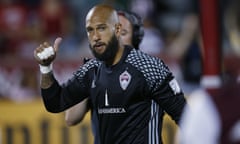 Tim Howard<br>Colorado Rapids goalkeeper Tim Howard gestures to fans a he leaves the pitch after facing the Portland Timbers in the second half of an MLS soccer match Monday, July 4, 2016, in Commerce City, Colo. The teams played to a 0-0 tie. (AP Photo/David Zalubowski)