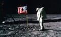 Apollo 11 astronaut Edwin ‘Buzz’ Aldrin standing by the US flag planted on the surface of the moon on 20 July 1969