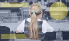 A girl in school uniform at a desk pictured from behind, with yellow shapes around her