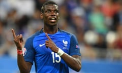 France's midfielder Paul Pogba gestures during the Euro 2016 final football match between Portugal and France at the Stade de France in Saint-Denis, north of Paris, on July 10, 2016. / AFP PHOTO / PHILIPPE DESMAZESPHILIPPE DESMAZES/AFP/Getty Images