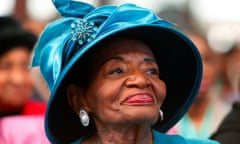 FILE PHOTO: King Farris, sister  slain civil rights leader Martin Luther King, Jr. smiles as President Obama is sworn in on her brother's bible as she watched from  Ebenezer Baptist Church following the 45th Martin Luther King, Jr. Annual Commemorative Ser<br>FILE PHOTO: Christine King Farris, sister of slain civil rights leader Martin Luther King, Jr., smiles as President Barack Obama is sworn in on her brother's bible as she watches from  Ebenezer Baptist Church following the 45th Martin Luther King, Jr. Annual Commemorative Service in Atlanta, Georgia, January 21, 2013. REUTERS/Tami Chappell/File Photo