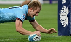 Waratah Max Jorgensen scores one of his two tries in the Super Rugby match against the ACT Brumbies at Allianz Stadium.