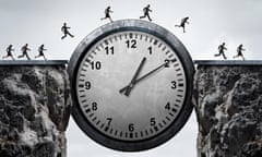 A group of running business people using a clock as a bridge across a gorge