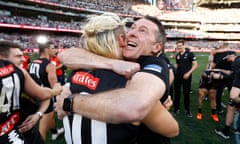 Darcy Moore and Craig McRae hug at the end of Collingwood’s 2023 AFL grand final win over Brisbane.