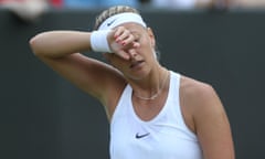 Petra Kvitova shows the strain as she slips to defeat at the hands of Ekaterina Makarova in the third round of the women’s singles at Wimbledon