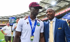 West Indies’ Shamar Joseph is congratulated by Brian Lara after their Test victory over Australia at The Gabba.