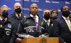 Two NYPD Police Officers Killed in New York<br>epa09701209 New York City Mayor Eric Adams (C) speaks during a press conference held near the scene where one officer was shot and killed and another critically injured while responding to a domestic violence call in the Harlem neighborhood of New York, New York, USA, 21, January, 2022. EPA/CAITLIN OCHS