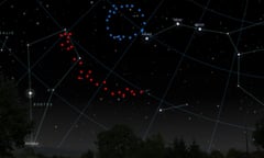 Artistic impression of what the Big Ring (shown in blue) and Giant Arc (shown in red) would look like in the sky if you could see them.