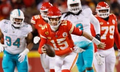 Patrick Mahomes of the Kansas City Chiefs runs with the ball during the first half of Saturday’s AFC wildcard playoff game against the Miami Dolphins.