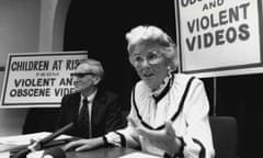 A black-and-white image of campaigner Mary Whitehouse with an unnamed partner campaigning against video pornography in 1984.