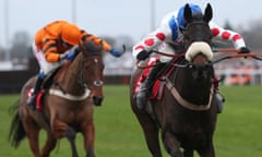 Clan Des Obeaux and Harry Cobden (right) on their way to victory in the 2018 King George VI Chase.