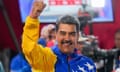 A smiling Nicolás Maduro, wearing a tracksuit in the style of the Venezuela flag, raises his fist triumphantly