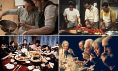 Clockwise from top left: 'foodie foreplay' with Juliette Binocheand Benoît Magimel in The Taste of Things; Marc Anthony, Tony Shalhoub and Stanley Tucci in Big Night; Babette's Feast; the 'pure sensory spectacle' of Eat, Drink, Man, Woman.