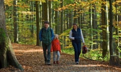 Family of three walking in forest