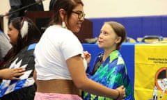Thunberg is congratulated after speaking at a youth panel at the Standing Rock reservation in North Dakota.