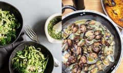 a green salad with herbs and a shellfish dish