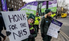 A Unison picket line outside the London ambulance service HQ at Waterloo in January