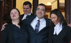 Faruk Orman (second right) with legal team Ruth Parker (left), Paul Smallwood (second left) and Carly Marcs Lloyd (right) leave the court of appeal in Melbourne, Friday, July 26, 2019. Melbourne gangland identity Faruk Orman will be immediately released from jail because of a ?substantial miscarriage of justice? caused by his double-agent lawyer Nicola Gobbo. (AAP Image/David Crosling) NO ARCHIVING