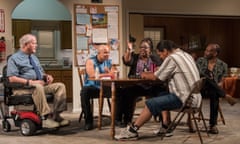 Downstate_4: Pictured (L to R) ensemble member Francis Guinan (Fred), ensemble member Glenn Davis (Gio), Celilia Noble (Ivy), Eddie Torres (Felix) and ensemble member K. Todd Freeman (Dee) in Steppenwolf’s world premiere production of Downstate by ensemble member Bruce Norris, directed by Pam MacKinnon the Upstairs Theatre, 1650 N Halsted St. Performances run through Nov 11, 2018. Tickets are available at 312-335-1650 and steppenwolf.org. Photo by Michael Brosilow.