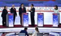 US-POLITICS-VOTE-REPUBLICANS-DEBATE<br>Former Governor from South Carolina and UN ambassador Nikki Haley (R) looks on as (from L) Former Governor of New Jersey Chris Christie, former US Vice President Mike Pence, Florida Governor Ron DeSantis and entrepreneur and author Vivek Ramaswamy speak during a break in the first Republican Presidential primary debate at the Fiserv Forum in Milwaukee, Wisconsin, on August 23, 2023. (Photo by Brendan SMIALOWSKI / AFP) (Photo by BRENDAN SMIALOWSKI/AFP via Getty Images)