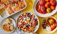 Claire Thomson's tomato recipes (from top left) tomato bread-and-butter pud, tomato koftes and peach and tomato feta salad (bottom).
