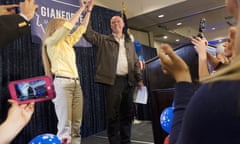 GOP Candidate Greg Gianforte Attends Election Night Gathering In Bozeman<br>BOZEMAN, MT - MAY 25: Republican Greg Gianforte scelebrates with supporters after being declared the winner at a election night party for Montana’s special House election against Democrat Rob Quist at the Hilton Garden Inn on May 25, 2017 in Bozeman, Montana. Gianforte won one day after being charged for assuulting a reporter. The House seat was left open when Montana House Representative Ryan Zinke was appointed Secretary of Interior by President Trumon May 25, 2017 in Bozeman, Montana. (Photo by Janie Osborne/Getty Images)