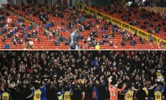 Editorial use only Mandatory Credit: Photo by Stephen Dobson/ProSports/REX/Shutterstock (12659471cv) Some of the 500 Aberdeen fans allowed into Pittodrie during the Cinch Scottish Premiership match between Aberdeen and Dundee at Pittodrie Stadium, Aberdeen Aberdeen v Dundee, Cinch Scottish Premiership, 26-12-2021 - 26 Dec 2021 LONDON, ENGLAND - DECEMBER 26: Players of Southampton celebrate their side's victory with fans after the Premier League match between West Ham United and Southampton at London Stadium on December 26, 2021 in London, England. (Photo by Alex Broadway/Getty Images)