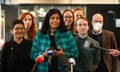 Victorian Greens leader Samantha Ratnam gives a press conference at the calculation of Upper House results for the 2022 state election at Melbourne Showgrounds. Behind her are the other three successful upper house candidates from the party as well as two of the lower house MPs.
